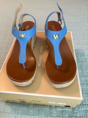 Michael Kors Light Blue Leather MK Espadrille Wedge Sandals